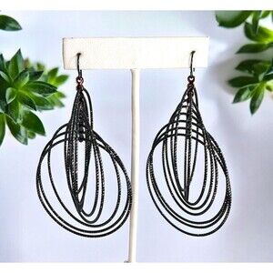 New Statement Earrings Large Hematite Tone Textured Lightweight - 6O
